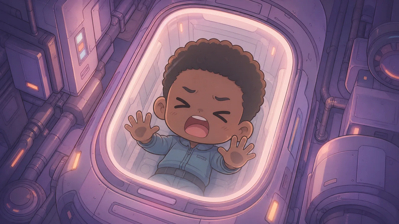 Comic book panel. Scene: Top-down view of Max lying flat inside a sleek sci-fi cryotube. Only the edges of the tube are visible at the corners of the frame, so the panel reads as a tight crop on his face and upper che…