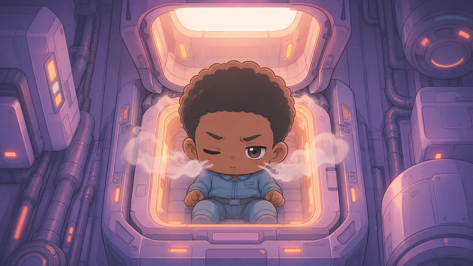 Comic book panel. Balloon/caption intent: "A lid unfolded above him. White light slammed down. Cold vapor crawled out of the capsule and over his face like curious fingers." Max — match Book 1 ref: Black male, warm br…