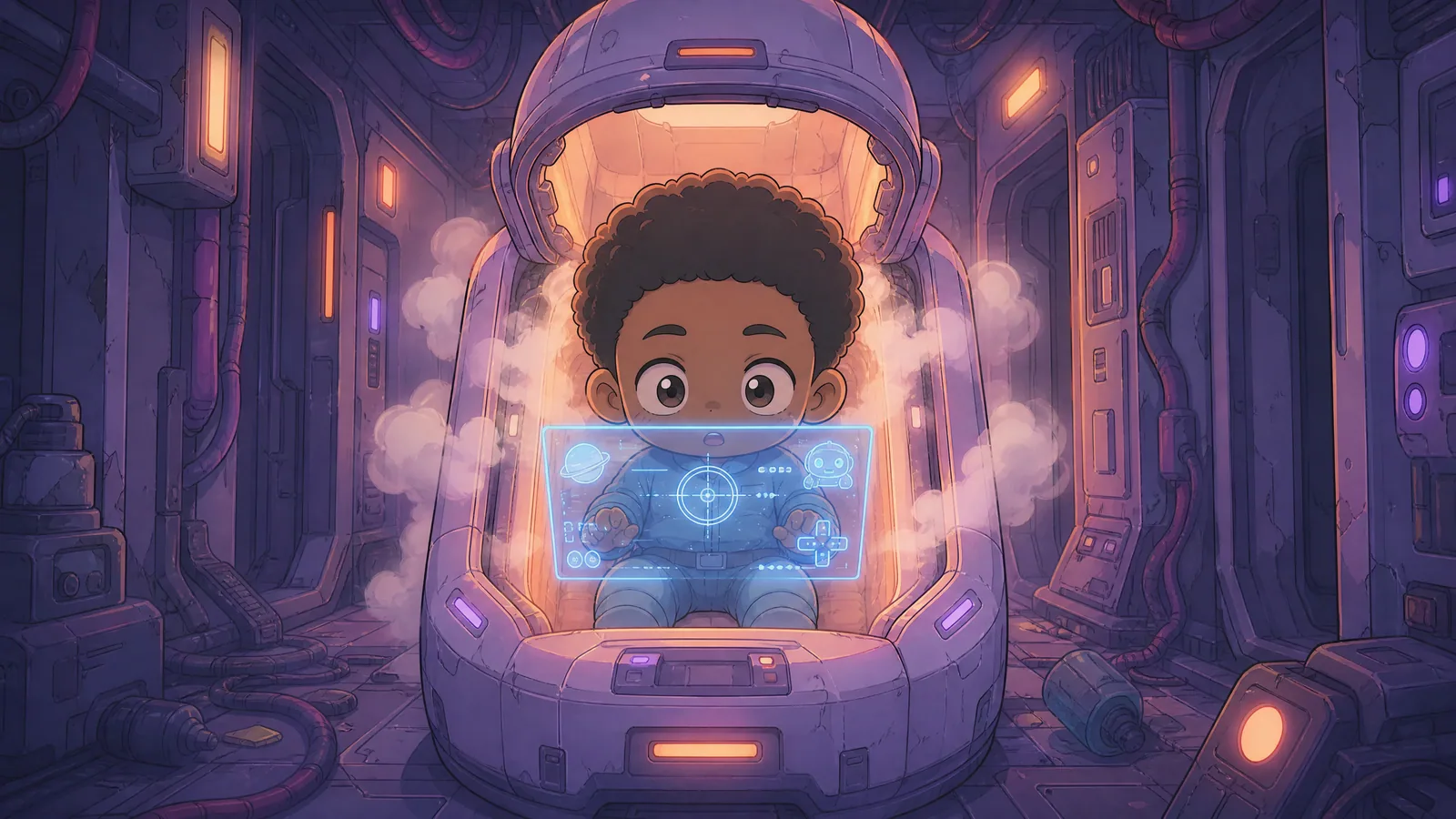 Comic book panel. Balloon/caption intent: "Blue text appeared between Max and the light. It was not on glass. It was not on a screen. It was just there." Max — match Book 1 ref: Black male, warm brown skin, light blue…