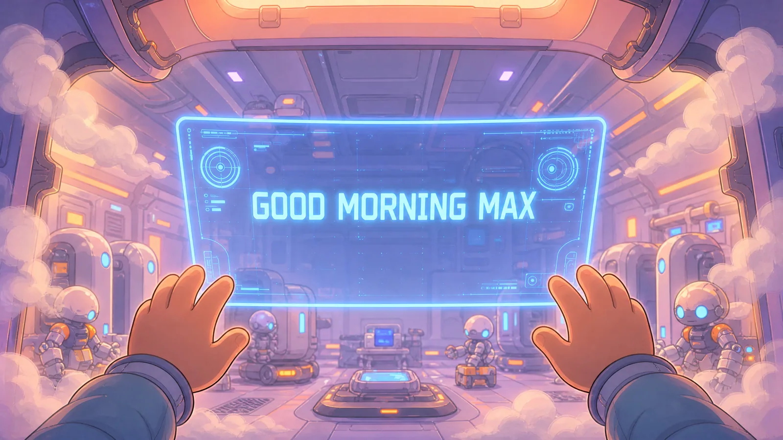 Comic book panel. Balloon/caption intent: "Another box. Max slapped at the air. The text stayed exactly where it was, as if nailed to the universe." On-screen readout: "[SYSTEM] Good morning, Max." Max — match Book 1 …