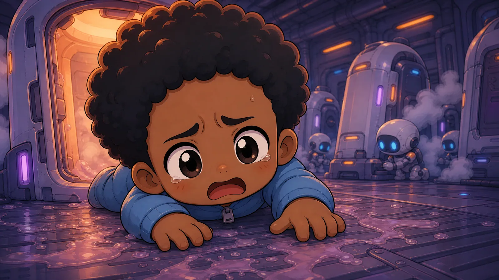 Comic book panel. Balloon/caption intent: "The floor was ribbed steel, freezing, and sticky with something that had dried years ago." Max — match Book 1 ref: Black male, warm brown skin, light blue zip onesie, large d…