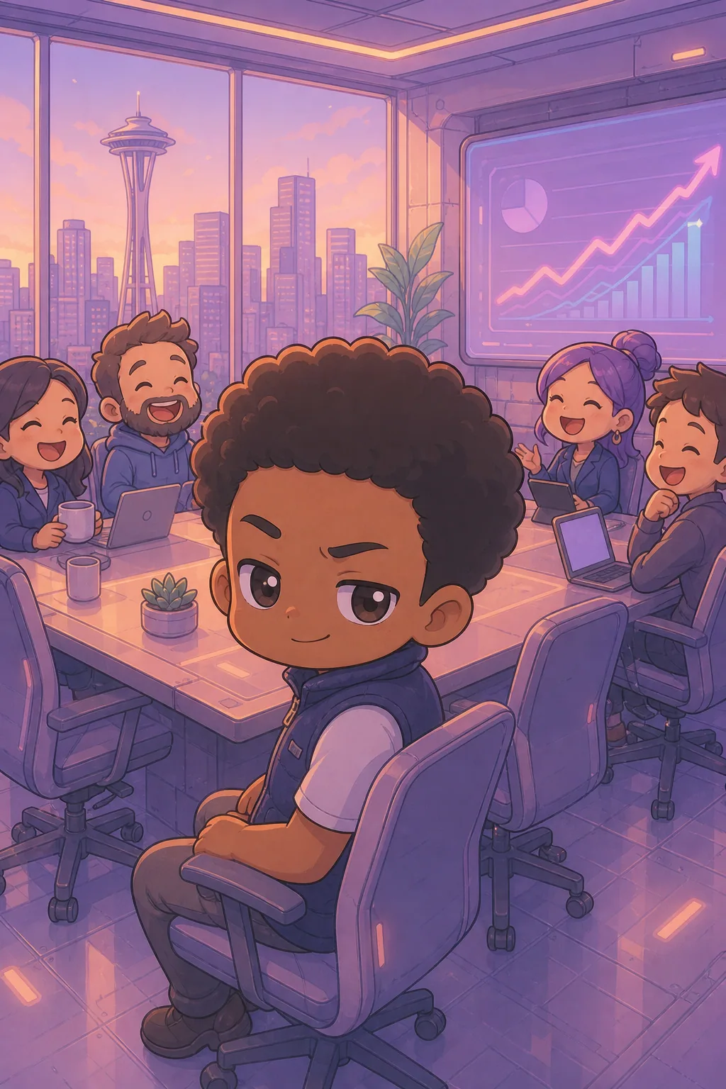 Comic book panel. Balloon/caption intent: "An office. A morning meeting. A roadmap. A product manager saying, "We only need this to scale to fifty million users by Friday." Max saying, "Then we need different laws of …