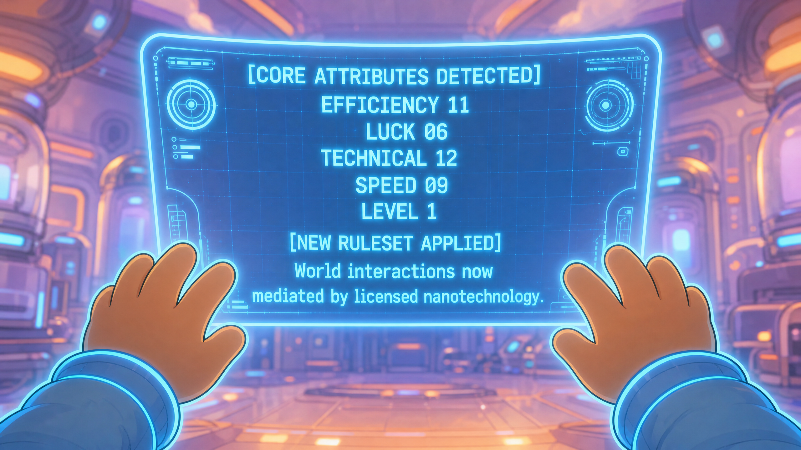 Comic book panel. FPV: cyan HUD sheets rush toward camera; legible attribute readout in-art: "[CORE ATTRIBUTES DETECTED] EFFICIENCY 11 LUCK 06 TECHNICAL 12 SPEED 09 LEVEL 1 [NEW RULESET APPLIED] World interactions now…