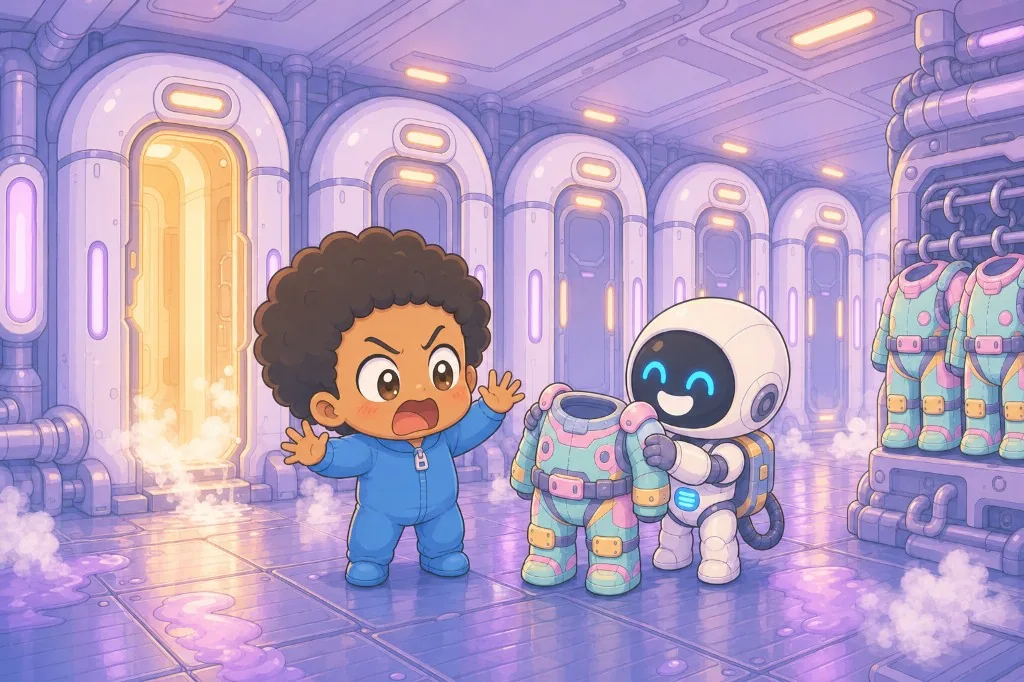 Comic book panel. Scene: Helper bot still presenting the EV suit stack; V.A.L.U. line plays through chest projector or grille glow while the bot gestures with its free hand. Max in onesie, wary. Balloon/caption intent…