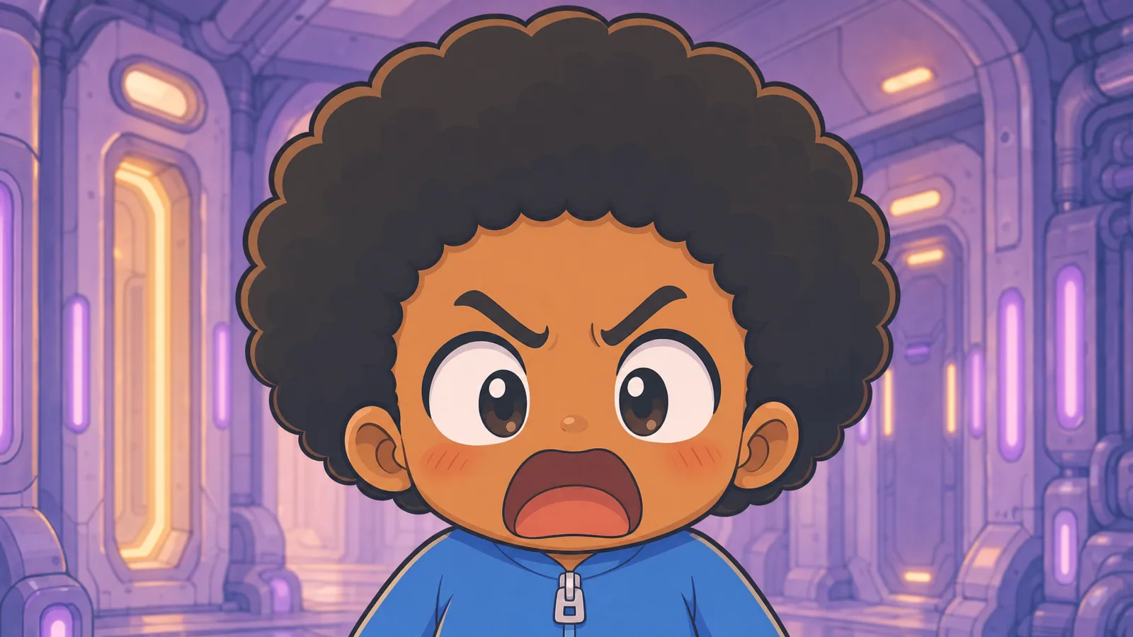 Comic book panel. Balloon/caption intent: ""My what?"." Max — match Book 1 ref: Black male, warm brown skin, light blue zip onesie, large dark eyes, soft afro; never default to white features. Setting: same Book 1 cry…