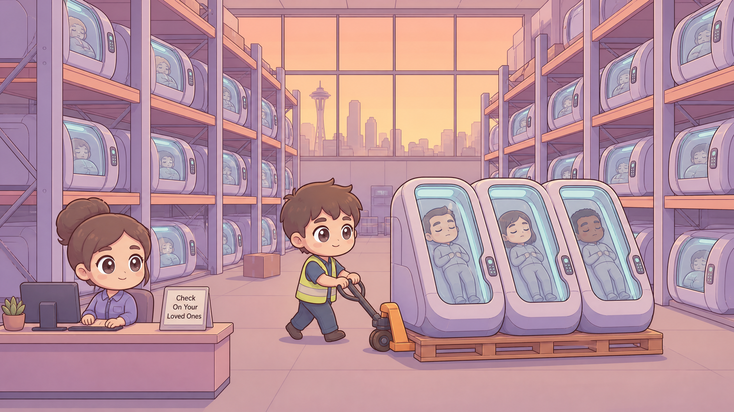 Warehouse storage of cryo pods as inventory.